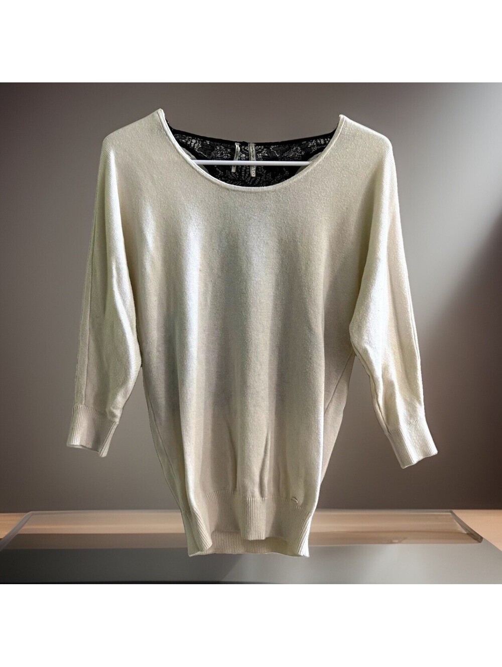GUESS Women XS Ivory Sweater Black Lace Open Back Dolman Sleeve Knit Top